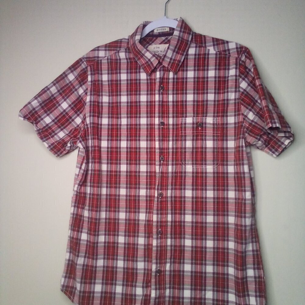 Old Navy Button Up Shirt Men M Short Sleeve Fitted Plaid Red